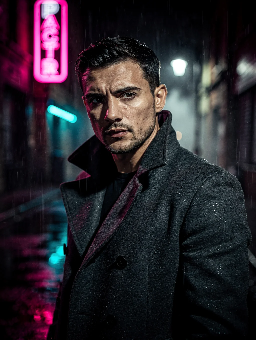 Jordan Rivers in a cinematic film still — moody shadows and sharp focus on eyes